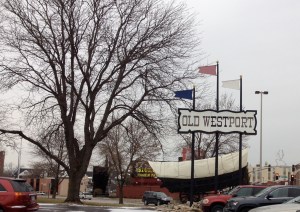 Old Westport sign at the corner of Wesport Road and the traffficway.